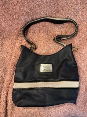 Nicole Miller Black and Cream Leather-Accent Shoulder Bag